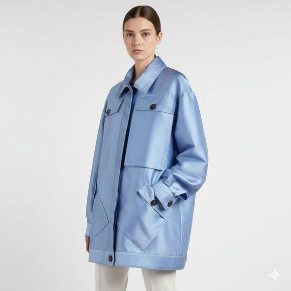 Brognano Jackets & Blazers - NWT Brognano Safari Jacket Sz S to XL Oversized Light Blue Satiny Designer Italy